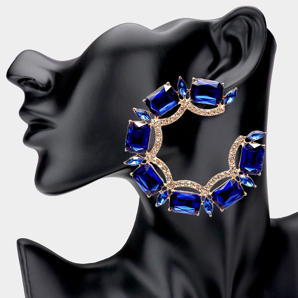 Gold C shape royal blue stone hoop fashion statement earrings